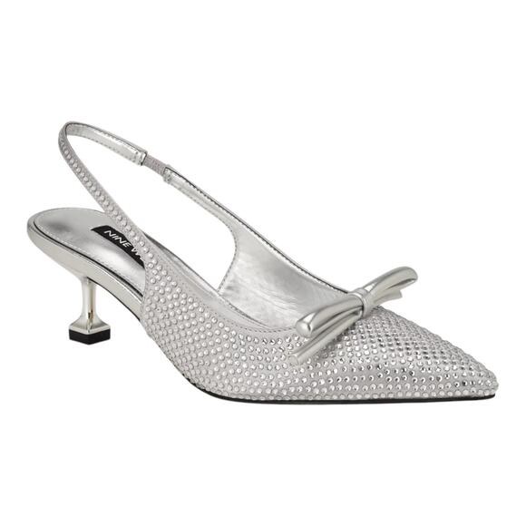 Nine West Women's Wunder Embellished Slingback Kitten Heel Pumps Silver Size 6 - Picture 1 of 5